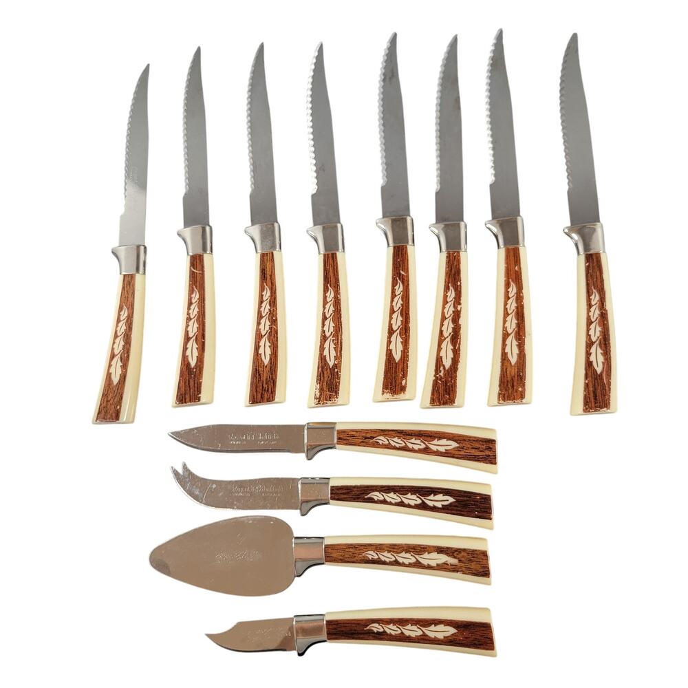 Regent Sheffield Stainless England Steak Knives Cheese Tools Wood Look Set of 12